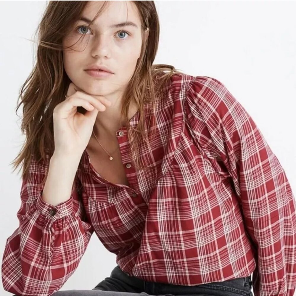 Madewell Balloon-Sleeve Peasant Yoked Top in Red Plaid Size XXS